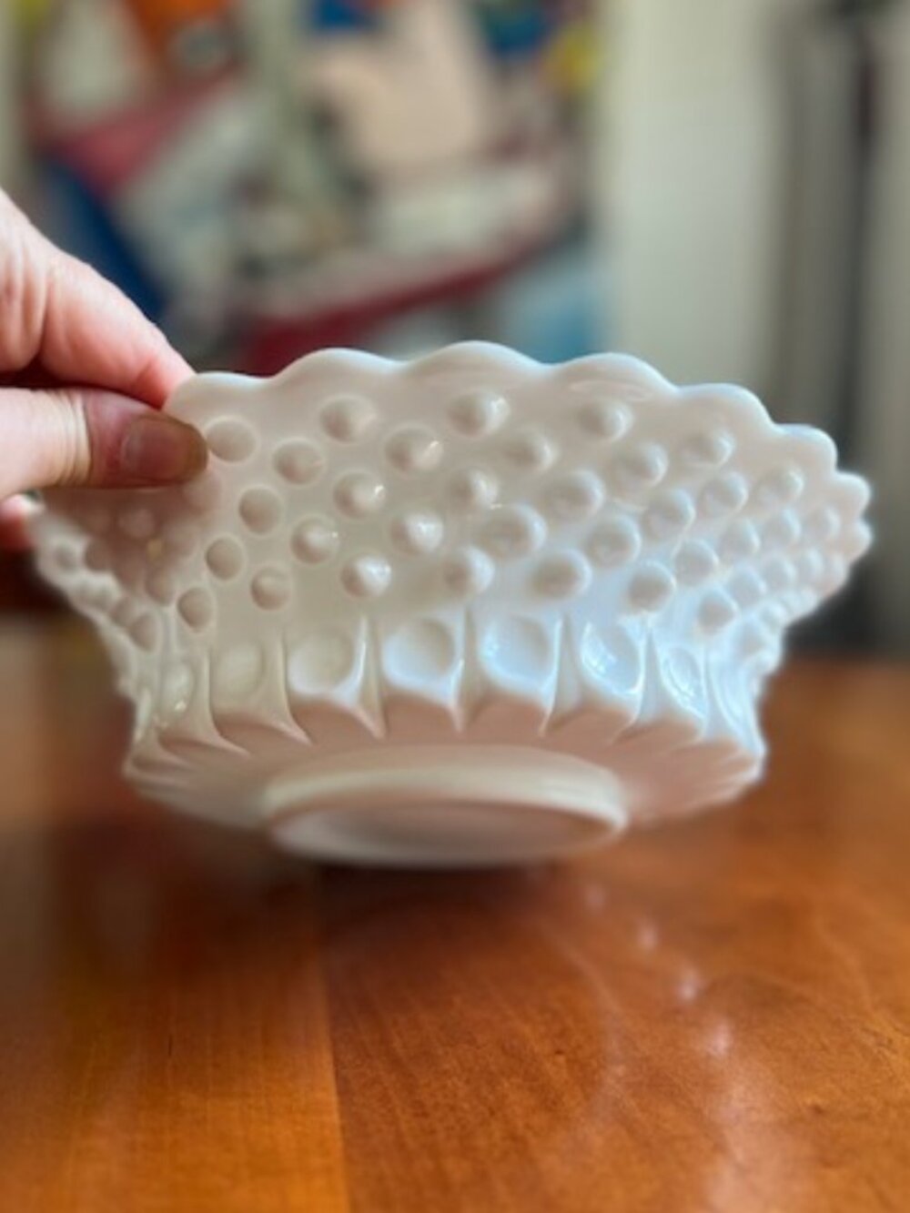 Vintage Fenton Glass Bowl Hobnail Thumb Print White Milk Glass